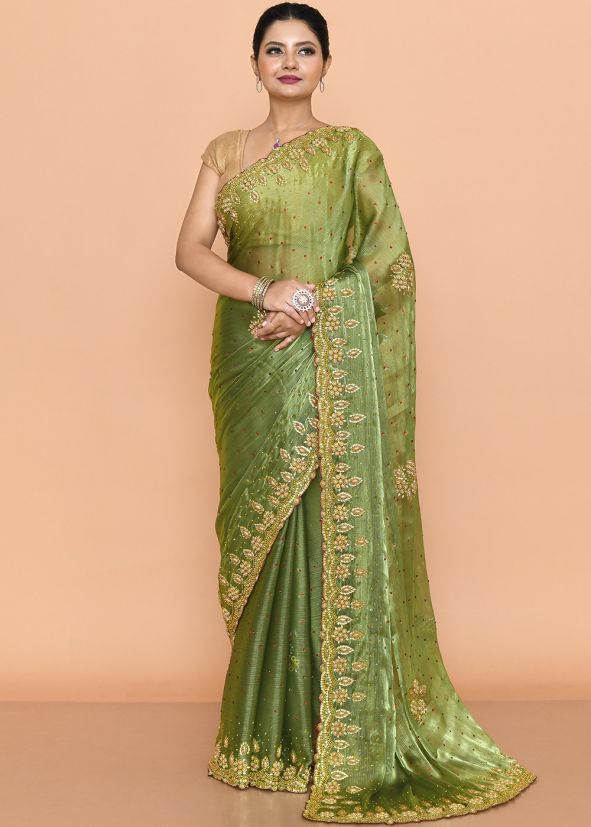 Green Handwork Saree in Organza