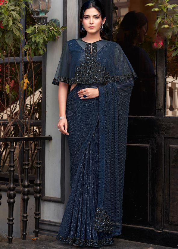 Blue Embroidered Net Saree