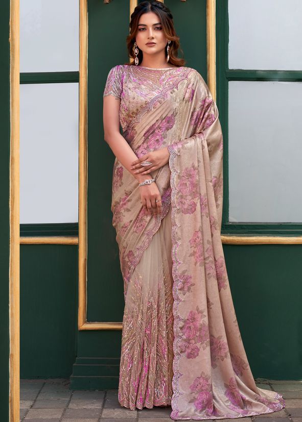 Beige Embroidered Saree In Net