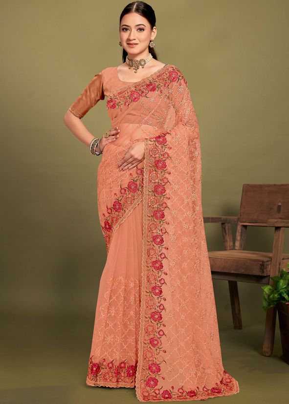 Peach Thread Embroidered Saree In Net