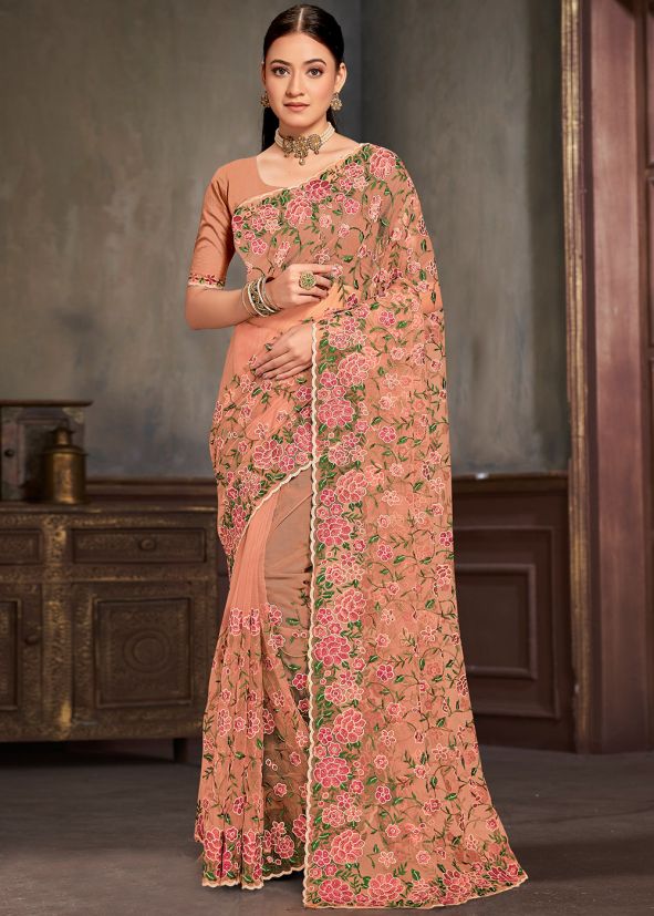 Peach Thread Embroidered Saree In Net