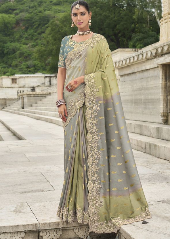 Grey & Green Embroidered Border Saree