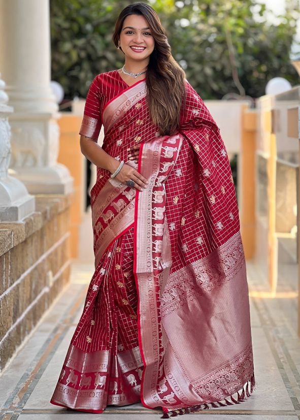 Red Art Silk Saree In Zari Woven Work