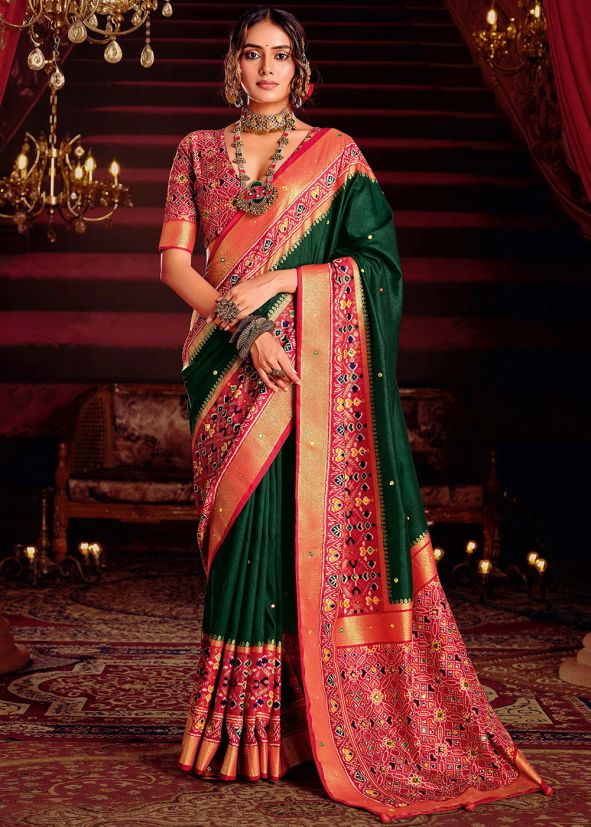 Dark Green Print Border Saree In Silk