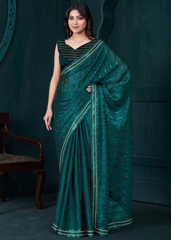 Green Embroidered Saree In Organza