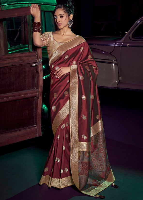 Maroon Silk Zari Woven Saree