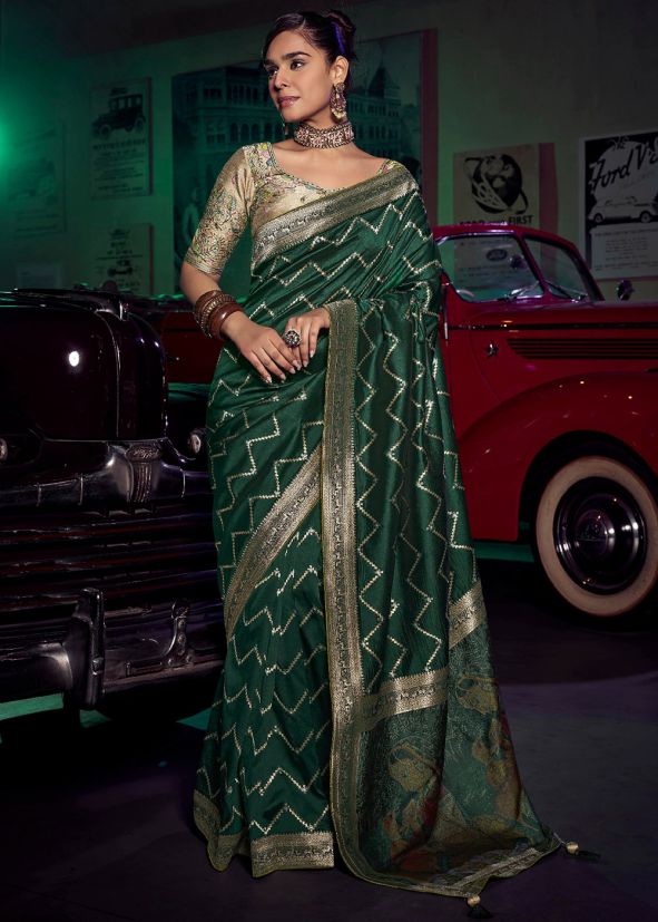 Green Zari Woven Saree & Blouse In Silk