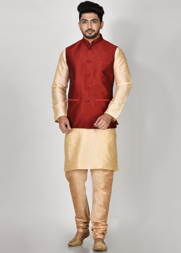 Maroon Nehru Jacket In Dupion Silk