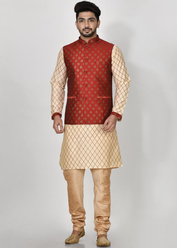 Cream Kurta Pajama Set With Printed Nehru Jacket