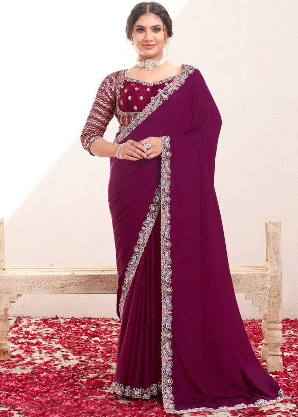 Wine Embellished Saree In Crape