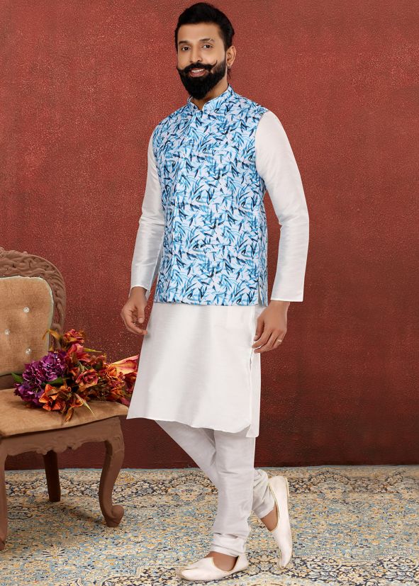 White Readymade Plain Kurta Pyjama With Jacket