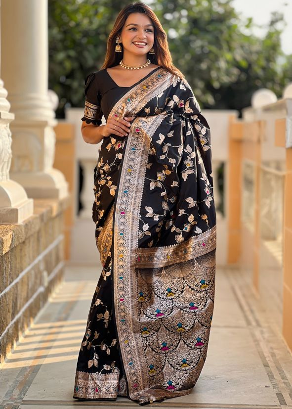 Black Zari Woven Saree In Art Silk