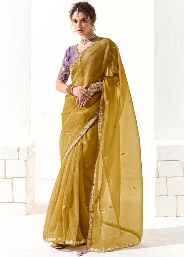 Yellow Embroidered Saree In Organza
