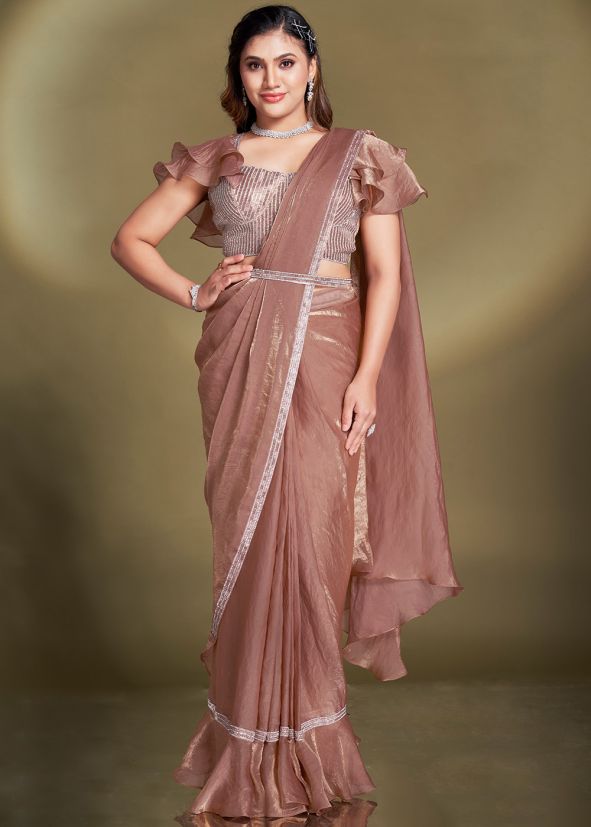 Brown Embellished Pre-Stitched Saree