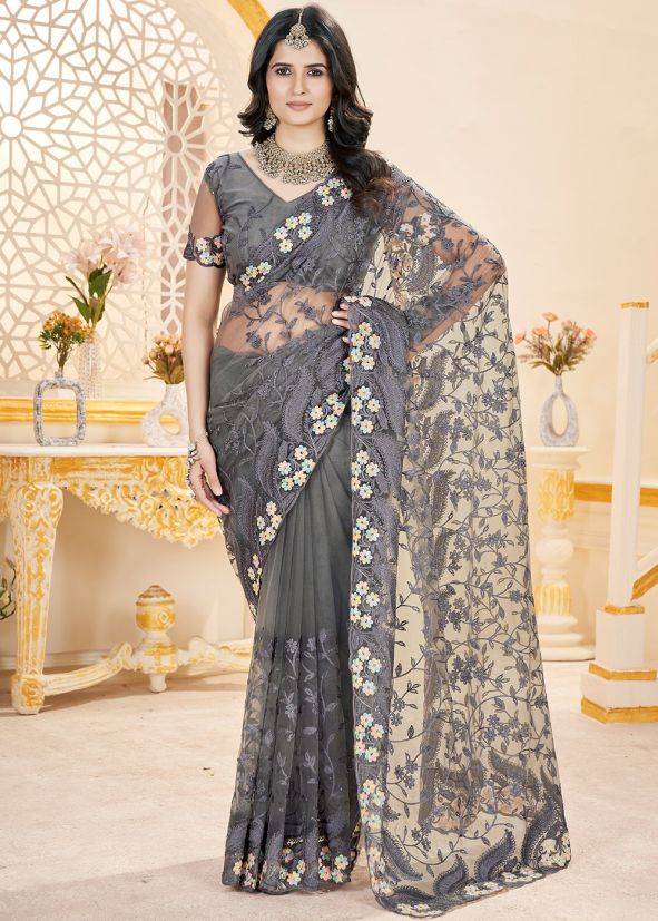 Grey Embroidered Net Saree
