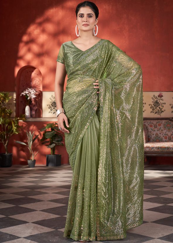 Green Embroidered Saree In Net