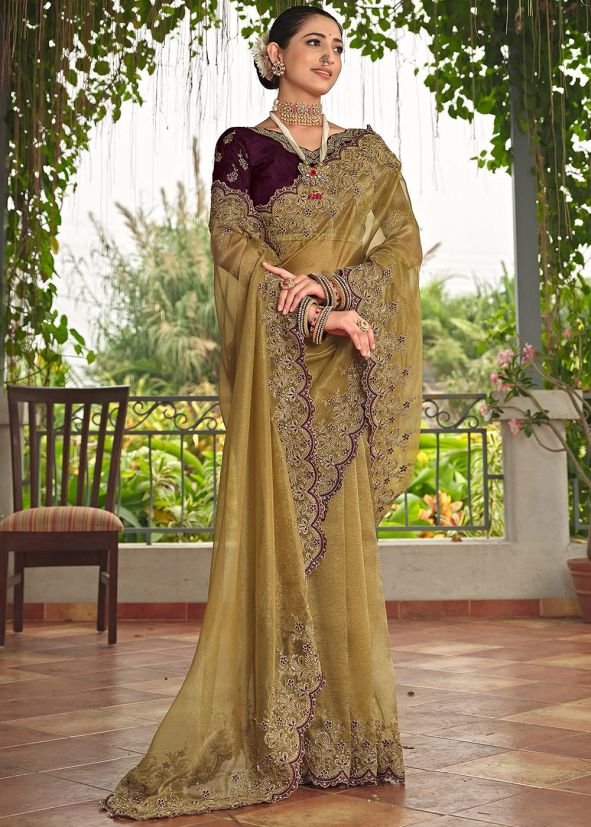Yellow Embroidered Tissue Silk Saree
