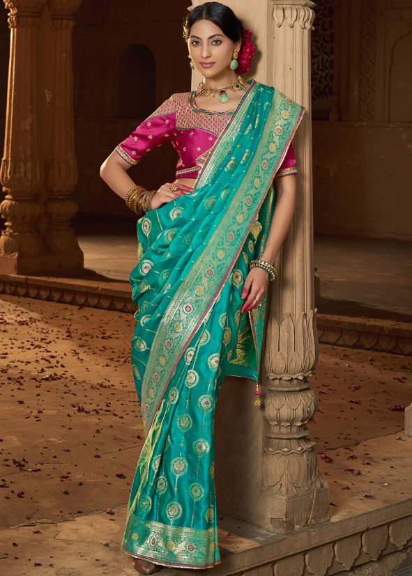 Turquoise Zari Woven Saree & Blouse