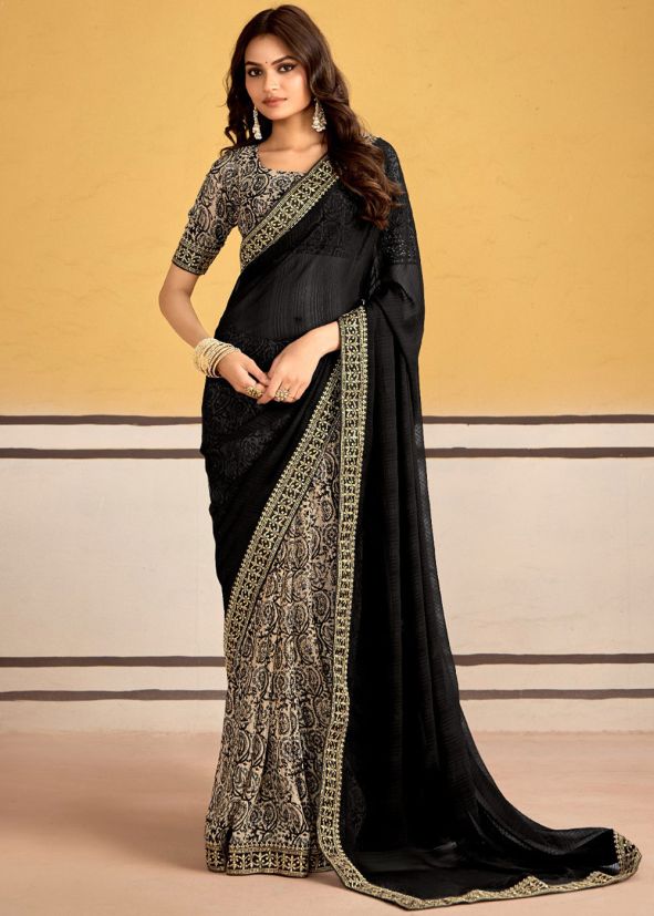 Black Half N Half Printed Saree