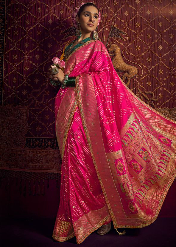 Pink Embroidered Saree In Viscose