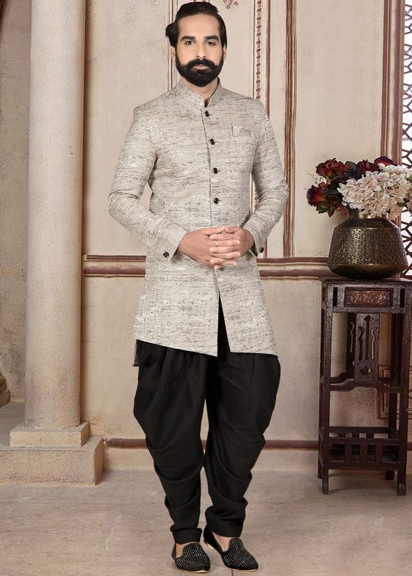 Cream Asymmetric Sherwani With Dhoti In Jacquard