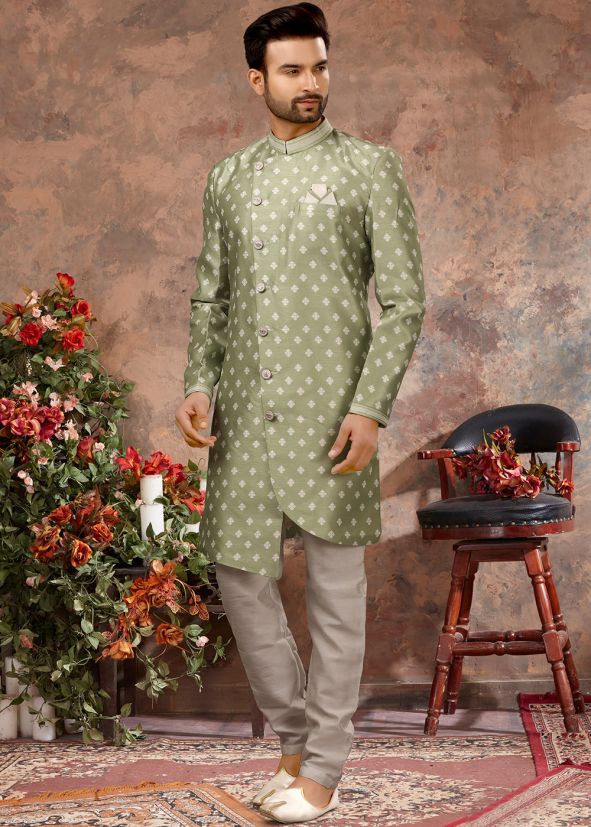 Green Digital Printed Readymade Asymmetric Sherwani
