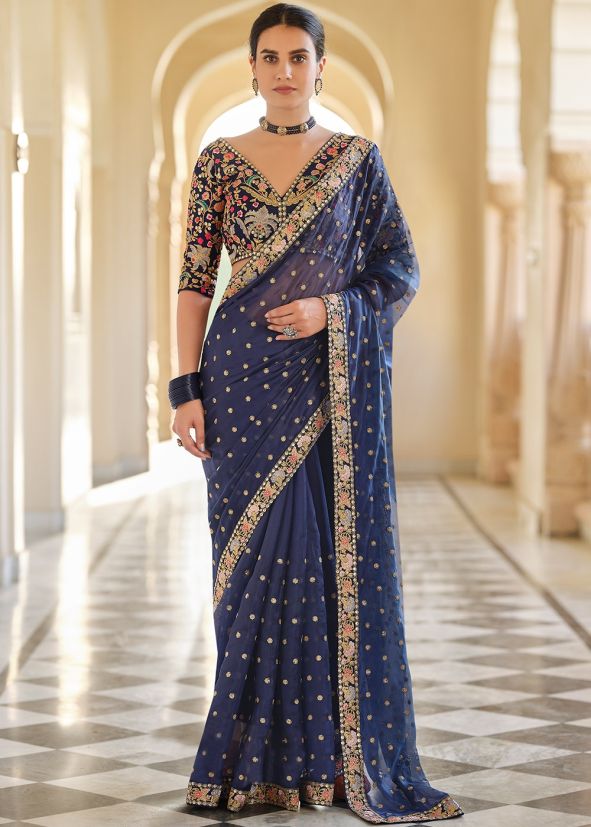 Navy Blue Sequins Embellished Organza Saree