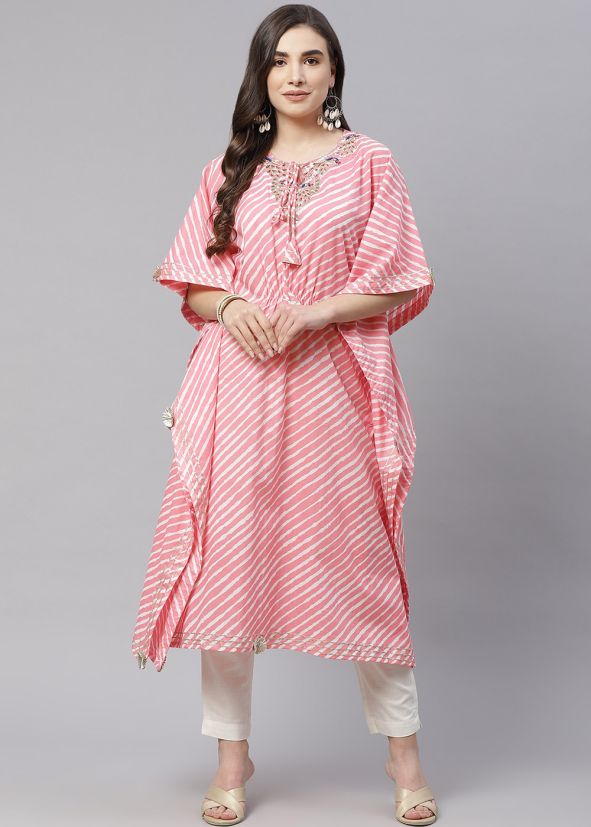 Pink Striped Cotton Kaftan Kurti