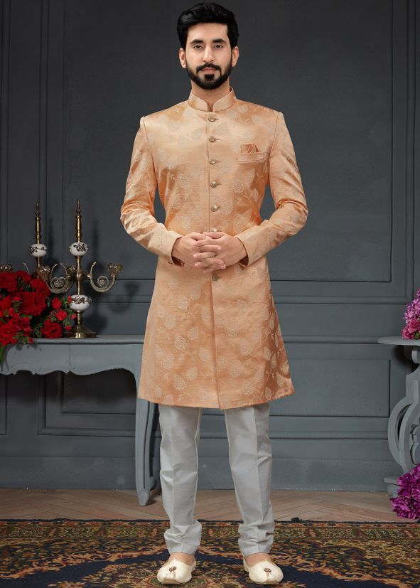 Peach Woven Readymade Indo Western Sherwani Set