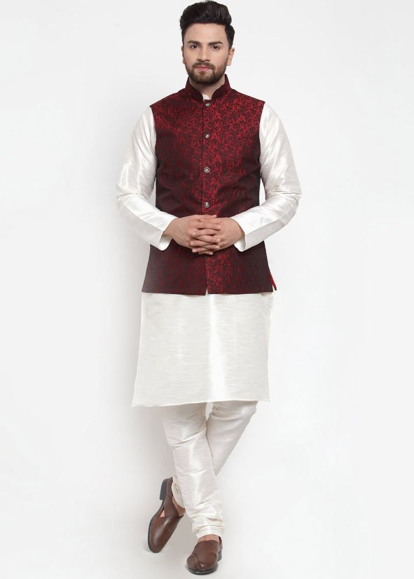 White Dupion Silk Kurta Pajama with Nehru Jacket