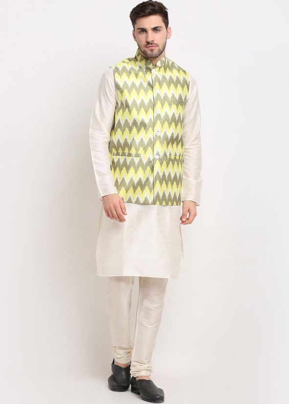Green Dupion Silk Nehru Jacket With Kurta Pajama