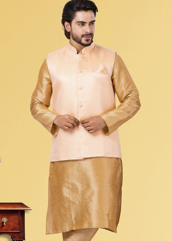 Peach Readymade Plain Nehru Jacket For Men