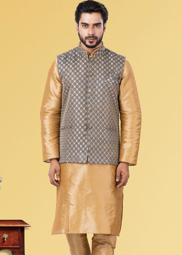 Readymade Grey Nehru Jacket With Woven Work