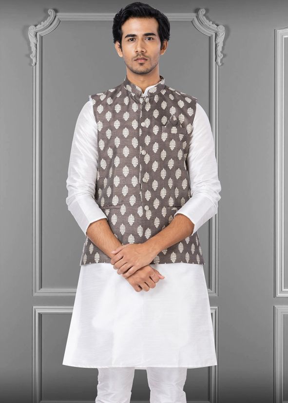 Brown Mens Nehru Jacket With Woven Work