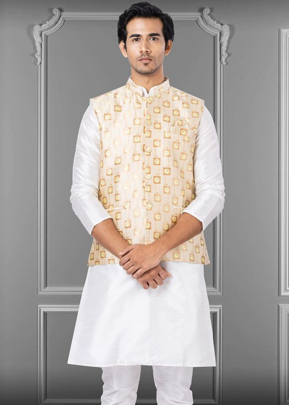 Peach Jacquard Nehru Jacket With Woven Motifs