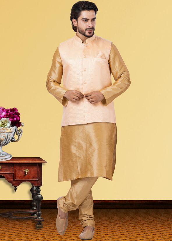 Golden Mens Kurta & Pajama With Nehru Jacket