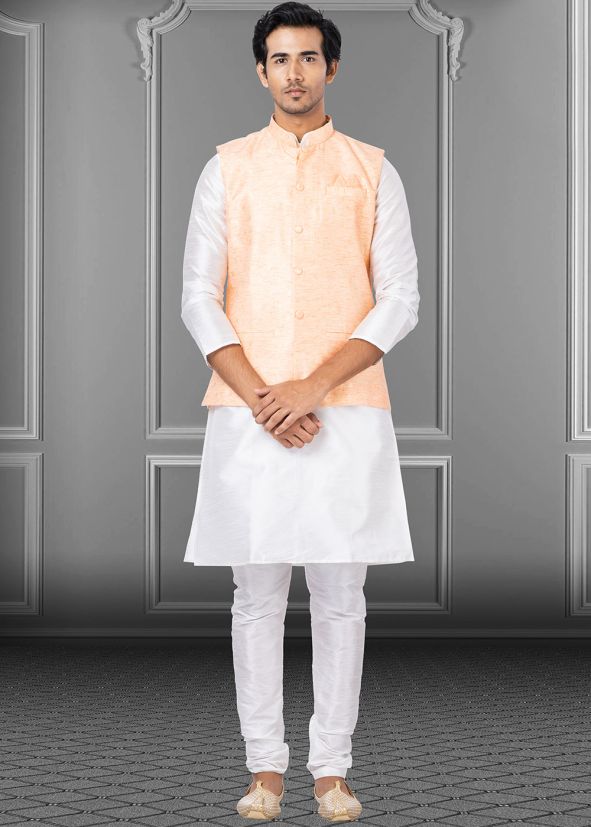 Readymade White Kurta Pajama With Nehru Jacket