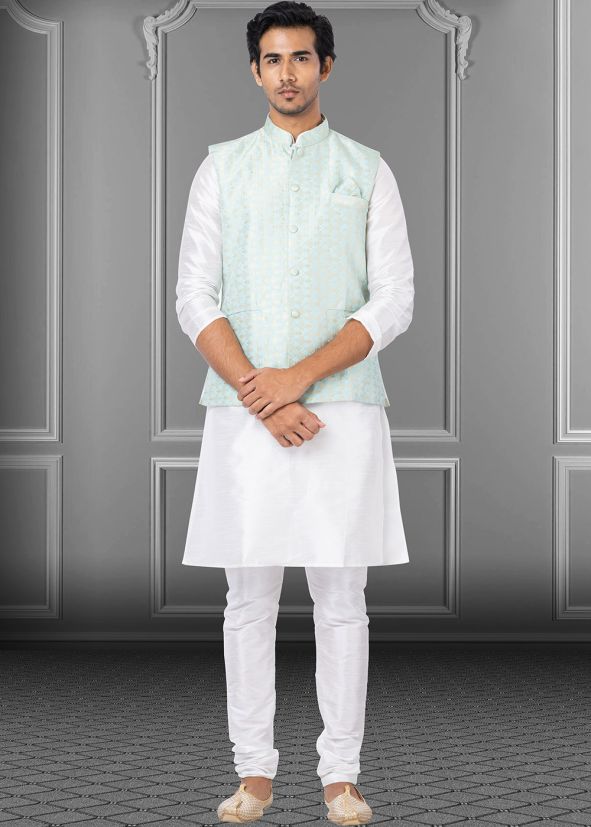 White Dupion Silk Kurta & Pajama With Jacket