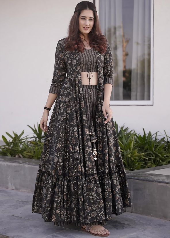 Black Digital Print Jacket Style Top & Bottom