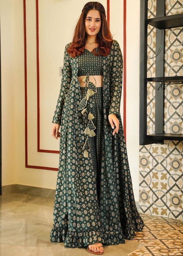 Green Digital Print Top Bottom With Jacket