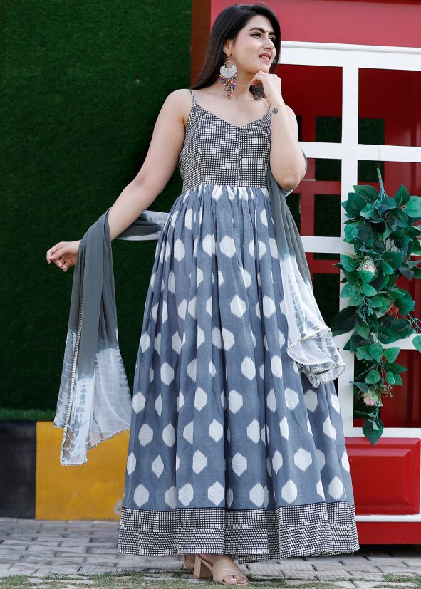 Grey Printed Flared Long Kurta & Dupatta