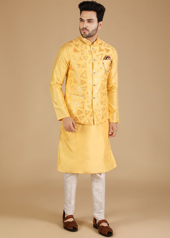 Yellow Kurta Pajama With Embroidered Nehru Jacket