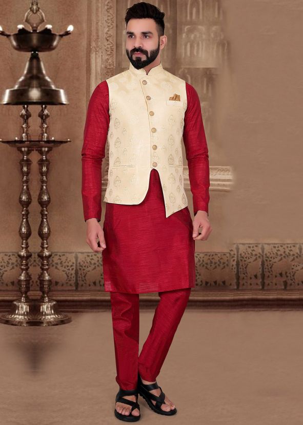 Maroon Readymade Kurta With Nehru Jacket 
