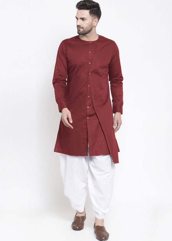 Maroon Readymade Asymmetric Kurta With Dhoti