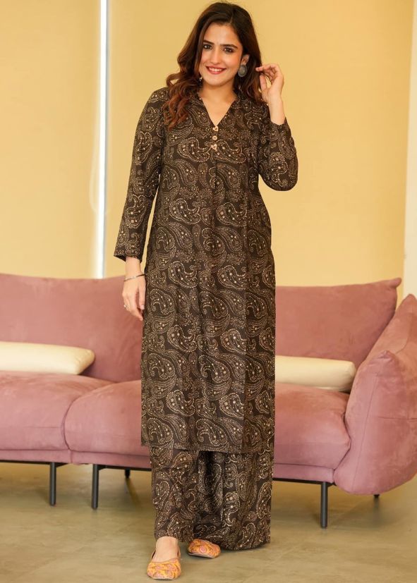 Brown Readymade Cotton Palazzo Kurta Set In Print