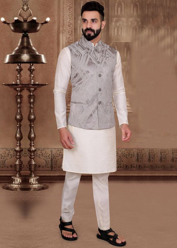 Grey Jacquard Nehru Jacket  In Woven Work