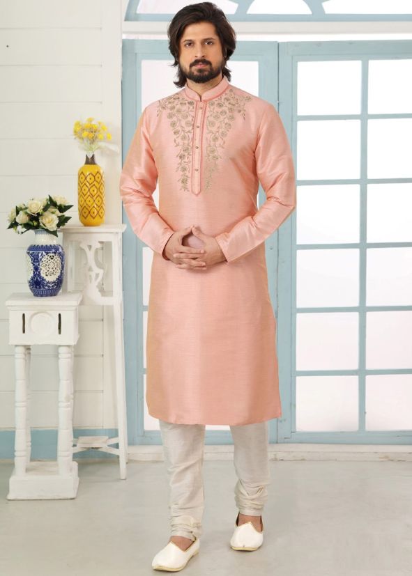 Peach Dupion Silk Embroidered Kurta Pajama