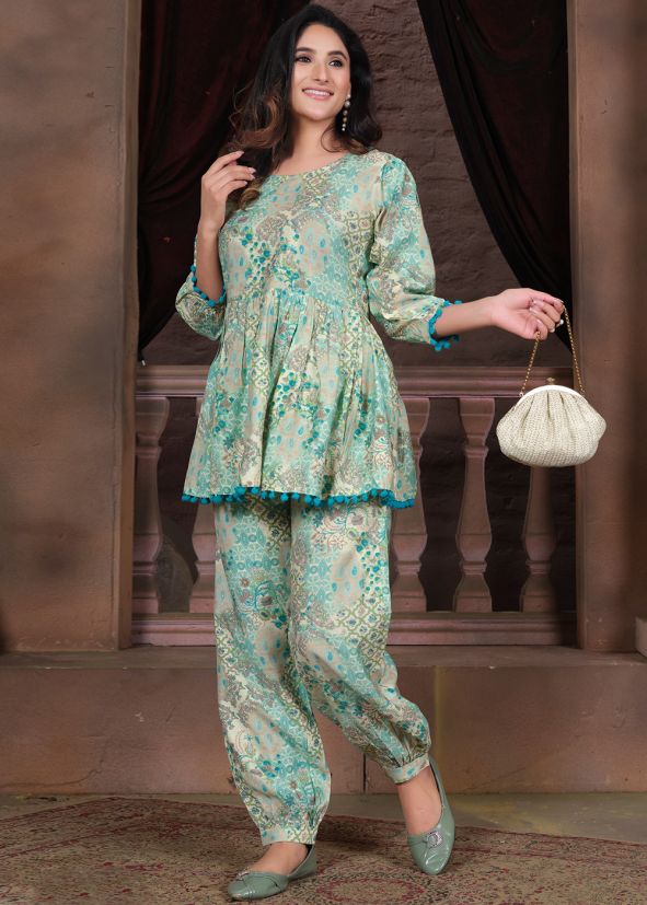Turquoise Printed Co-ord Set In Rayon