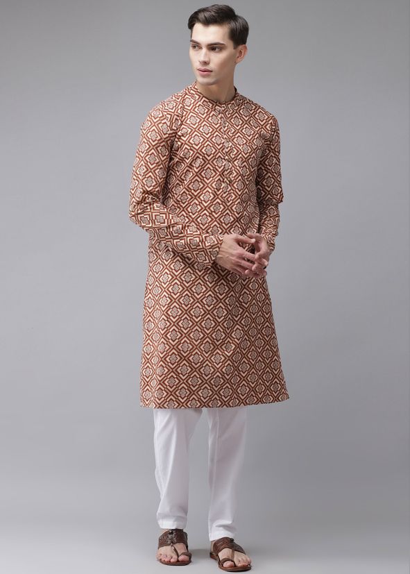 Beige Printed Kurta Pajama For Mens