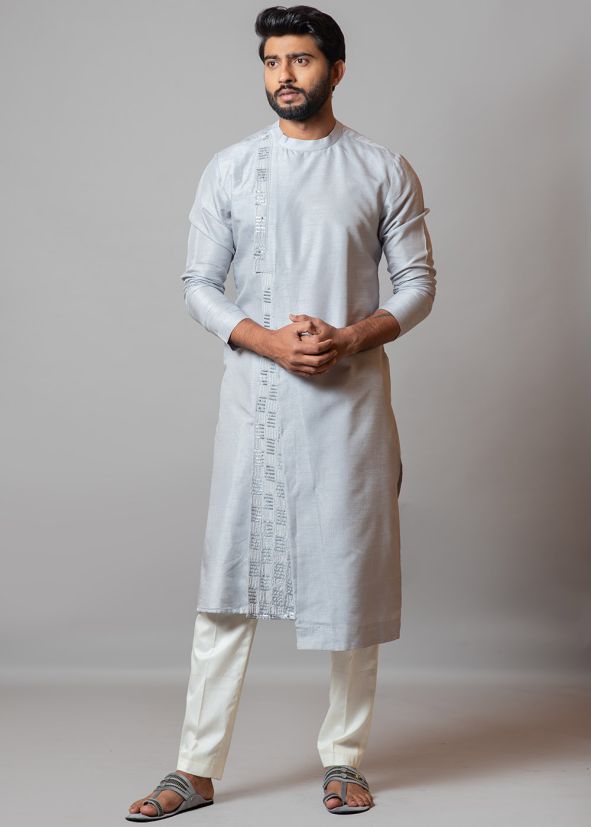 Grey Embroidered Kurta Pajama In Art Silk